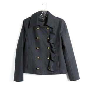 DKNY Donna Karan wool coat ruffle jacket brass buttons short warm winter fall M